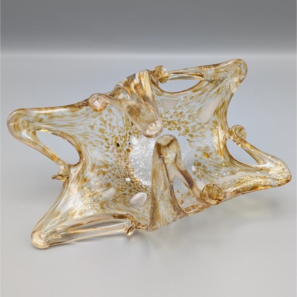 Vintage Murano Style Amber Gold Fleck Art Glass Basket Dish MCM Fall Table Decor - Picture 4 of 10